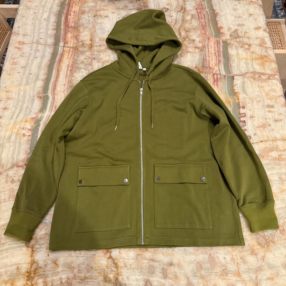 & Other Stories Womens Hooded Jacket Olive Green Full Zip Flap Pockets Size 10